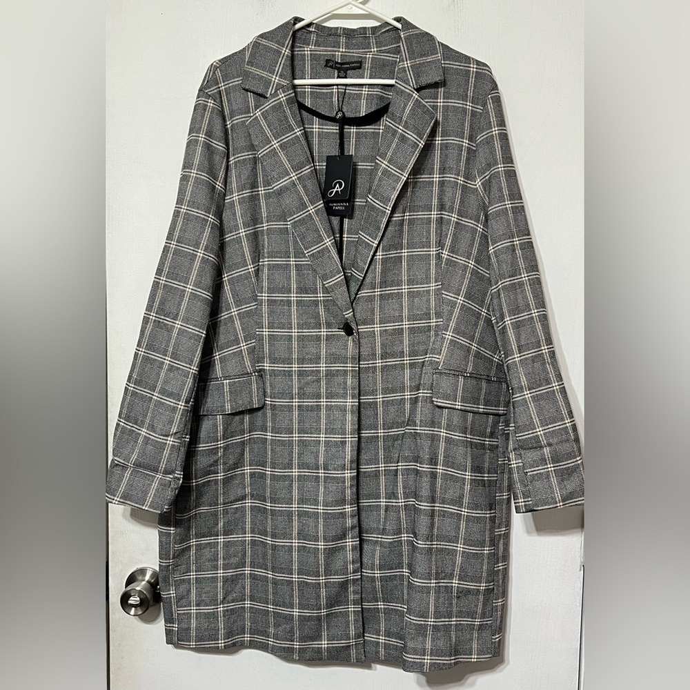 Adrianna Papell Long Topper Jacket Jacquard Plaid